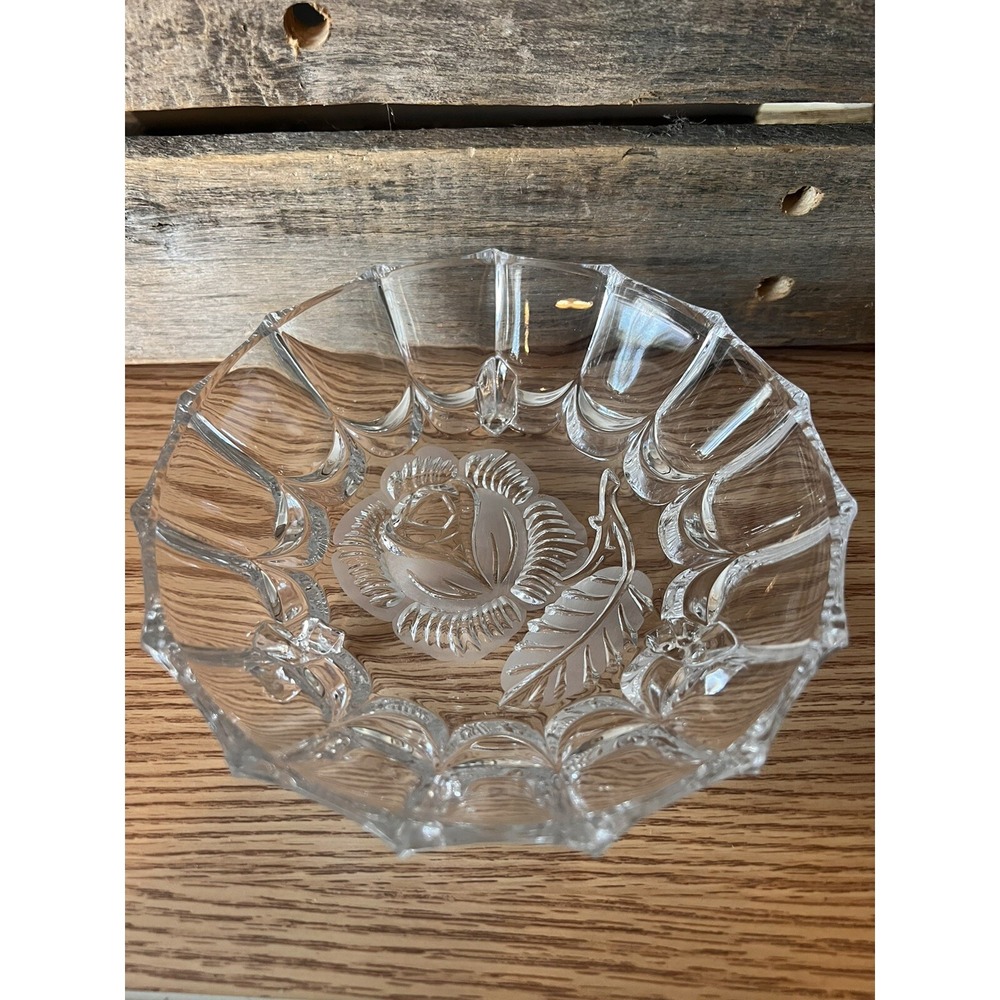 Vintage HOFBAUER‎ Clear German Crystal Rose 3 Footed CANDY DISH 6.5 Inch